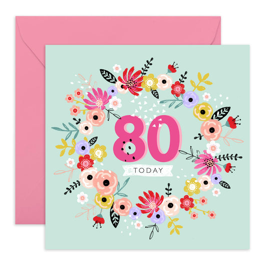 80th Birthday Card For Grandmother - 80th Floral Wreath - Happy Eightieth Birthday Card For Grandma - Floral Birthday Card - Gift From Granddaughter - Comes With Fun Stickers By Central 23