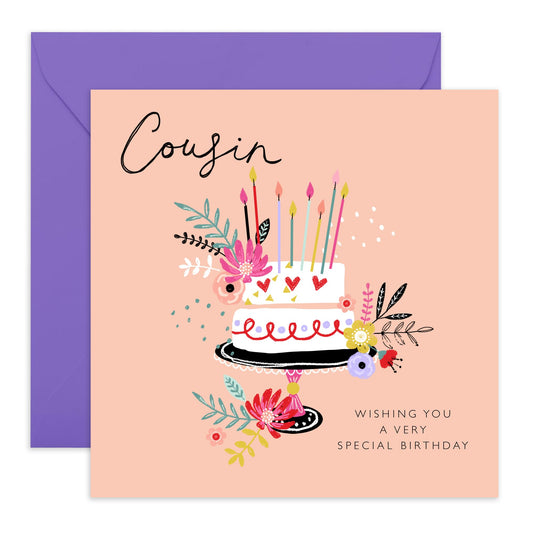 Cousin Birthday Cards For Women - Bday Cake Floral - Elegant Birthday Greeting Cards And Envelopes For Girls Ladies Female - Gift For Her - Comes With Fun Stickers - By Central 23