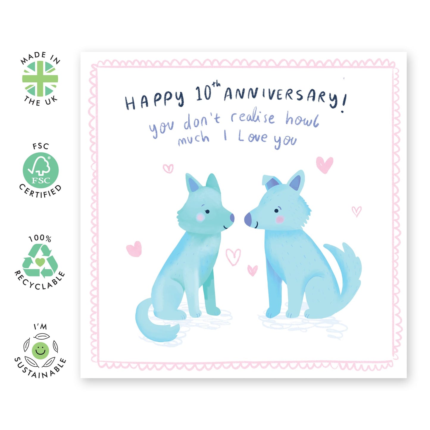 Anniversary Greeting Card - '10TH ANNIVERSARY WOLVES' - Perfect for Celebrating a Decade of Love with Wolf-Themed - Ideal for Adding a Touch of Wild Romance and Joy - Comes With Stickers By Central 23