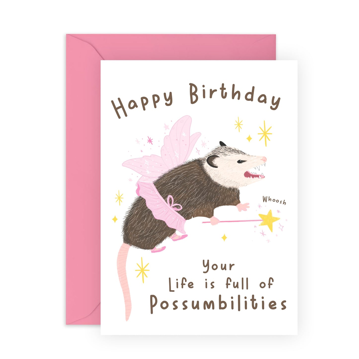 Cute Possum Birthday Card – 'Your Life is Full of Possumbilities' – Humorous and Cute Greeting Card for Him, Her, Friends, Family, Pet or Animal Lovers- Comes with Fun Stickers