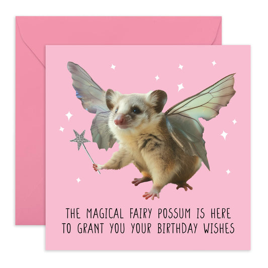 Birthday Cards Funny - 'Magical Fairy Opossum' - Happy Birthday Card For Friends - Cute Greeting Cards For Girls Women - Gifts for Dog Mum Fur Dad - Comes With Cute Stickers By Central 23