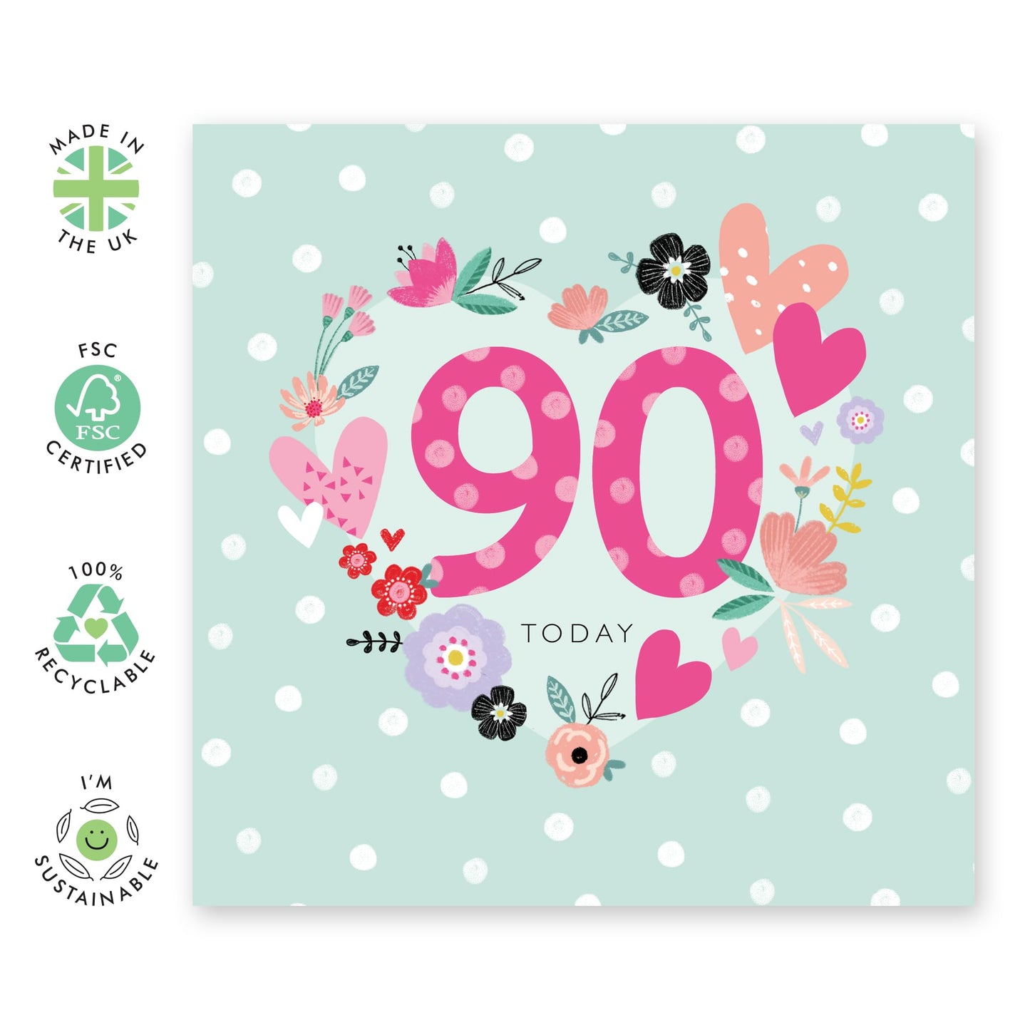 Happy Birthday Card For Women - Age Ninety - 90th Birthday Card For Grandma - Pretty Heart Wreath Greeting Cards For Her Ninetieth - Gifts For Mum Wife Aunt Nan - Comes With Stickers By Central 23