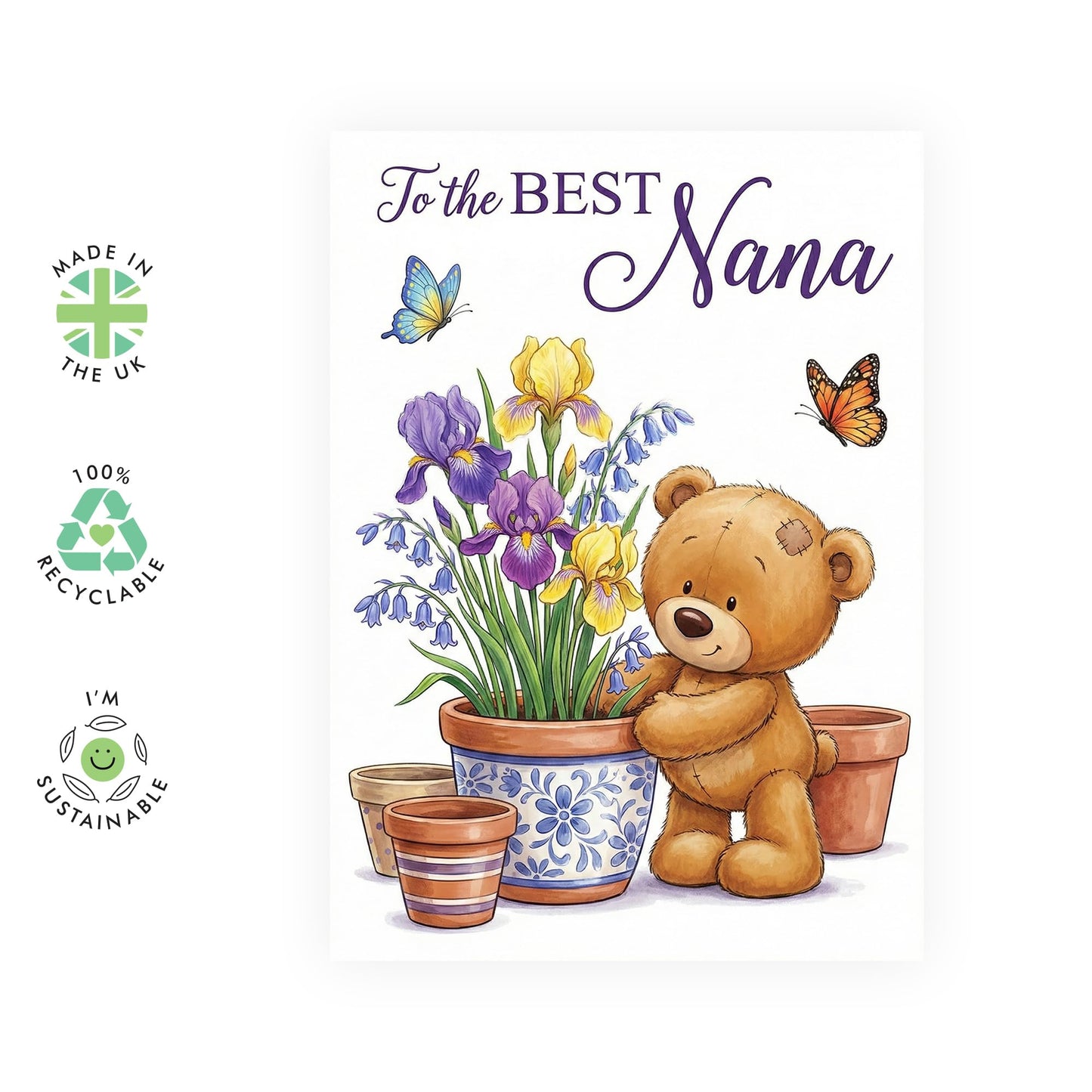Nana Mother’s Day Card - ‘To the Best Nana’ Gardening Teddy Bear Birthday Card - Sweet Nanna Greeting Card with Floral Illustration - Includes Premium White Envelope
