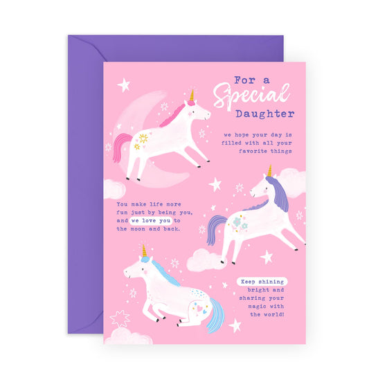 Cute Birthday Card - 'Magical Birthday Unicorns Daughter' - Sweet Gifts for Daughters, Kids, Children, Step Daughter from Mum and Dad - Flying Unicorns - Comes with Fun Stickers