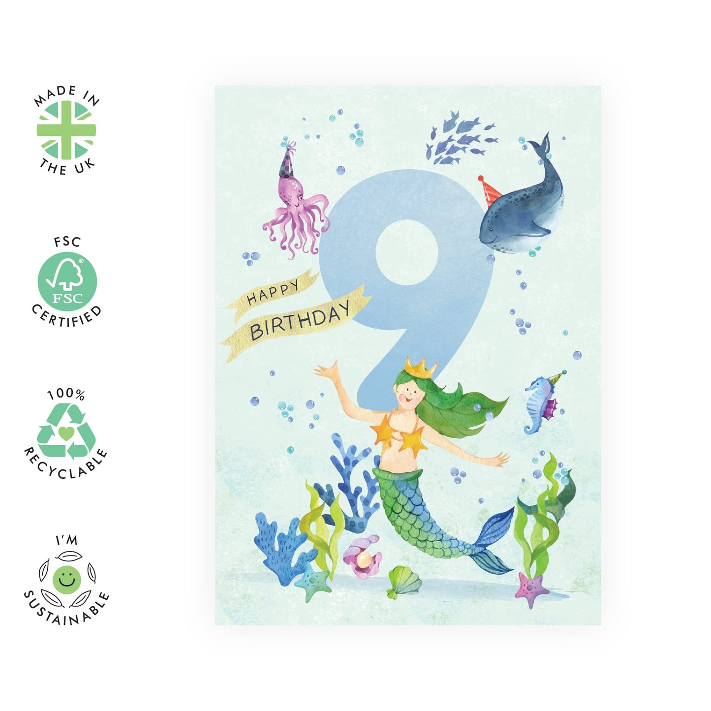 Birthday Card For Girl 9 Year Old - Underwater Theme Mermaid - Girls Birthday Cards Age 9 - 9th Birthday Girl Card - Comes With Fun Stickers - Made In The UK By Central 23