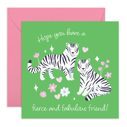 Best Friend Birthday Card - White Tiger - Fierce And Fabulous Friends - Cheeky Greeting Cards For Women Her Girls - Bestie Birthday Card Bff - Comes With Fun Stickers By Central 23
