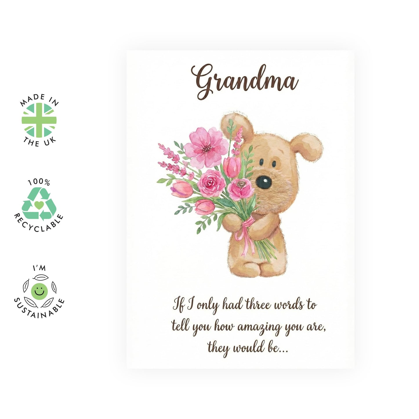 Grandma Mother’s Day Card – Cute Puppy Floral Bouquet for Granny Grandparent Grandmother Her Women Family From Grandson Granddaughter – Sweet "Three Words" Greeting -Comes with Stickers