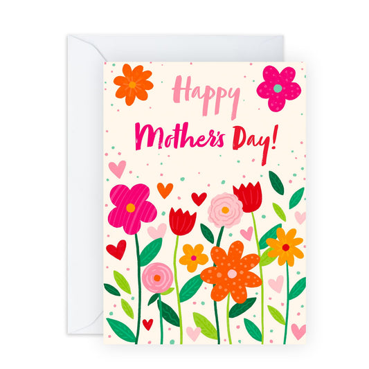 Flowers Mother’s Day Card – Colourful Floral Design with Hearts - Sweet Gift for Mum, Mummy, Mama, Ma, Mam, Wife, Grandma, Nan, In Law, Sister, Her, Women from Son or Daughter - Comes with Stickers
