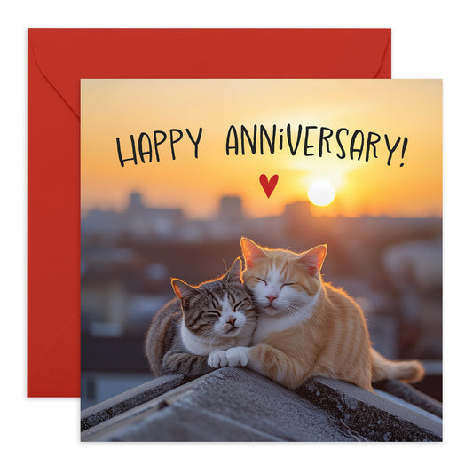 Happy Anniversary Card - Romantic Cat Design with Sunset Background - For Couples, Him, Her, Wife, Husband, Babe, Hun, Girlfriend, Boyfriend- Celebrating Love and Milestones - Blank Inside