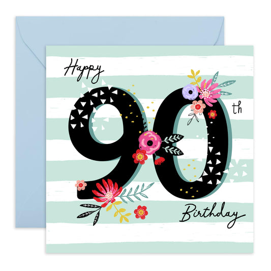 90th Birthday Card For Her - Flower Cards Stripes Sage Green - Nan Birthday Card Age Ninety - Elegant Floral Milestone Cards - Gifts For Women - Comes With Cute Stickers By Central 23