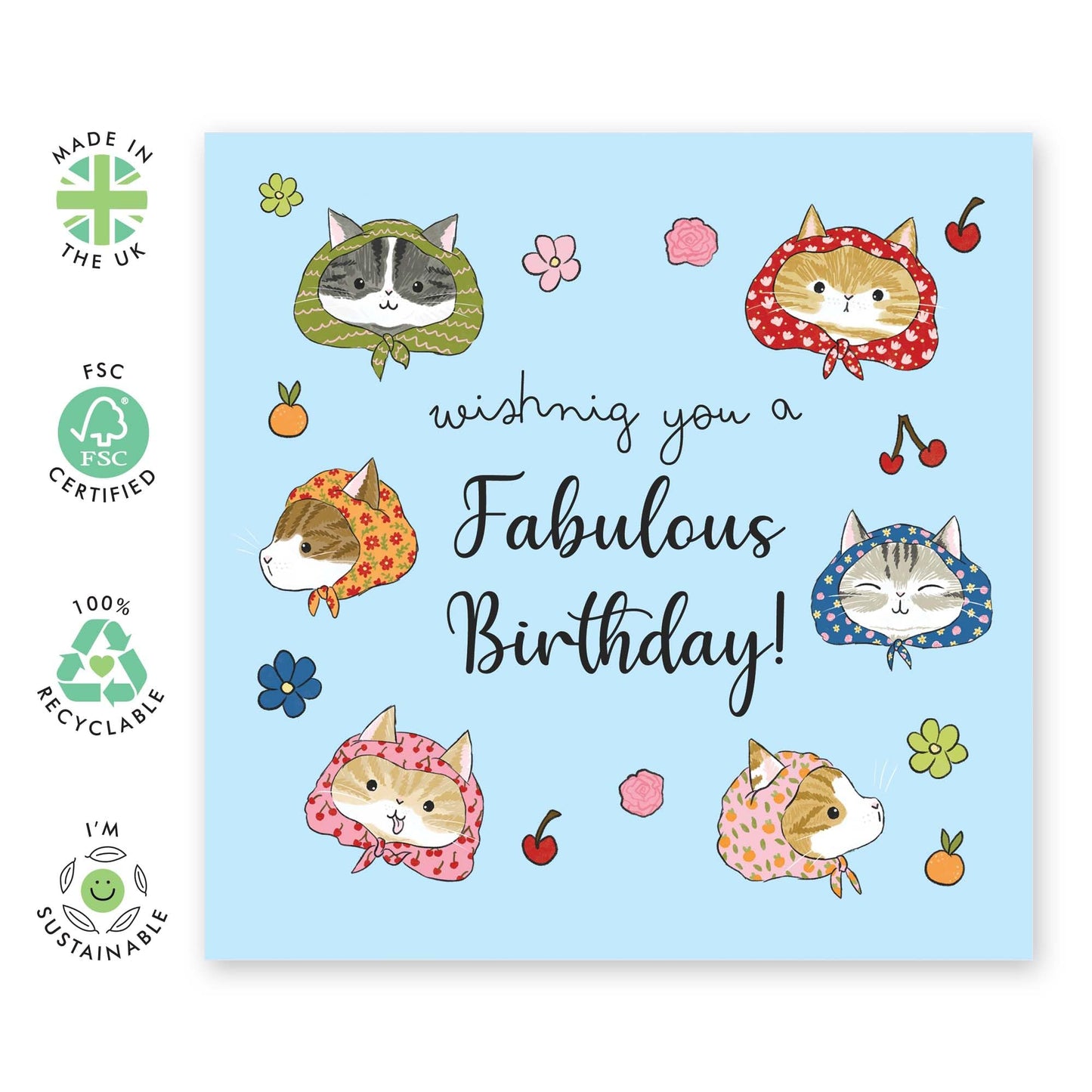 Cat Birthday Card - Fabulous Birthday - Cats Wearing Headscarf - Cute Birthday Cards For Women - Greeting Cards For Cat Mum Sister Niece Friends - Comes With Stickers - By Central 23