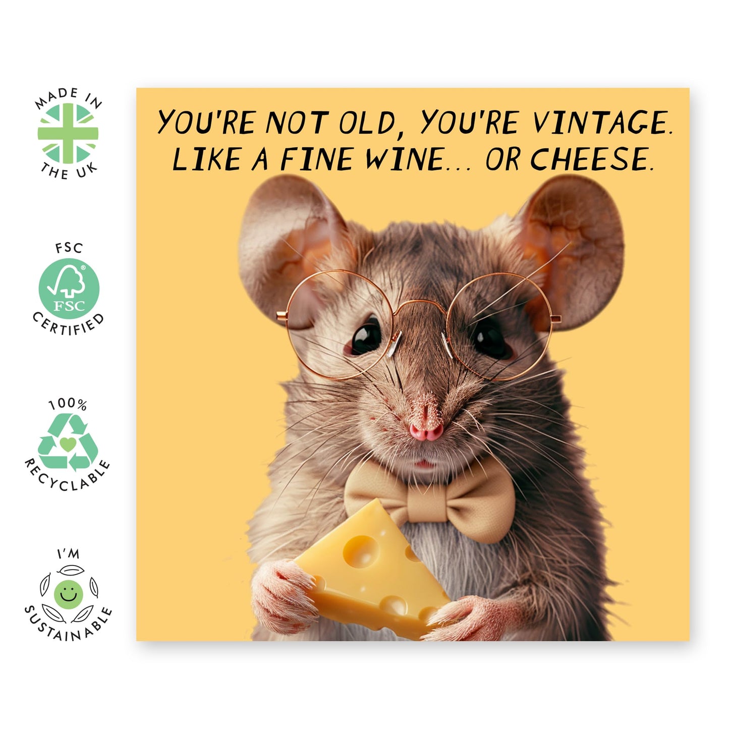 Cute Joke Birthday Card - 'Fine Wine or Cheese' - Gifts for Family, Friends, Work mates, Colleagues, Mum, Dad - Adorable Mouse - Comes with Fun Stickers