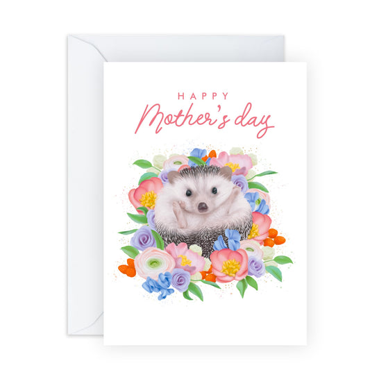 Happy Mother’s Day Card – Adorable Hedgehog & Floral Wreath – Cute & Heartwarming Design for Women, Mama, Ma, Her, Wife, Sister, Grandma, Nan, Auntie, Friends - Comes with Stickers