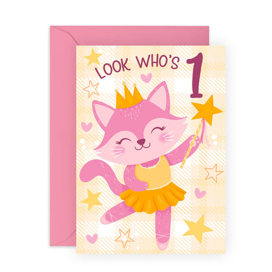 Birthday Cards For Daughter - Ballet Cat 1 - Happy 1st Birthday Card Niece - Cousin Birthday Card Female - One Year Old Girl Birthday Card Children Toddlers - Comes With Stickers - By Central 23