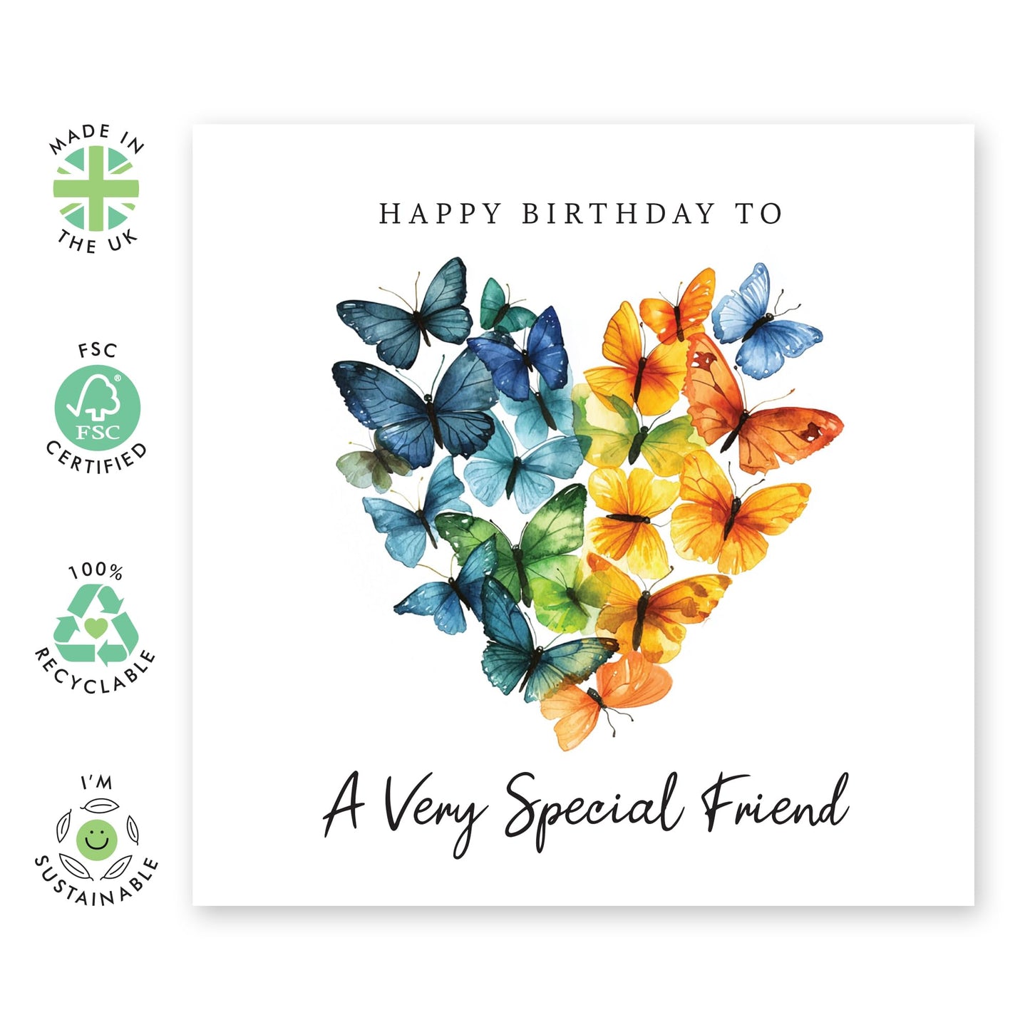 Cute Friendship Birthday Card - 'Friend Birthday Butterfly' - Presents for Besties, BFF, Close Mates, Bruv, Sisters, Sis - Heart Shaped - Comes with Fun Stickers