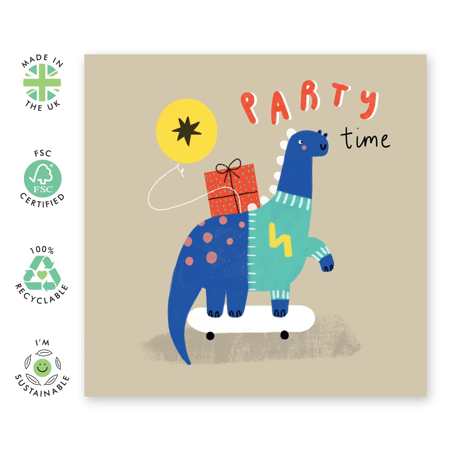 Children's Dinosaur Birthday Card - 'Dino Party Time' - Gifts for Boys, Girls, Son, Daughter, Nephew, Niece - Presents & Balloons - Comes with Fun Stickers