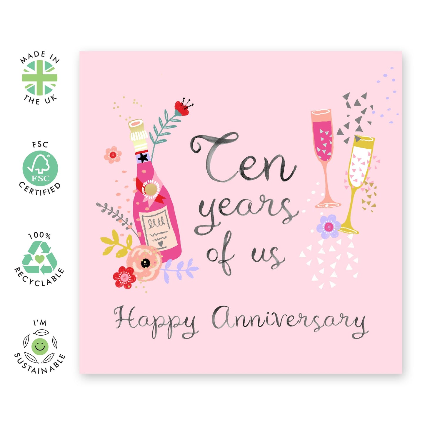 10 Years Anniversary Card Cocktail & Champagne - 'Ten Years Of Us Drinks' - Gifts for Wife, Husband, Spouse, Partner, Honey, Darling - Cheers To Us - Comes with Fun Stickers