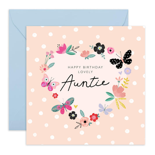 Aunt Birthday Card - Sweet Greeting Cards For Her - Flowers Butterfly Hearts Pink - Happy Birthday Lovely Auntie - Heartfelt Gifts For Women Aunty Tia - Comes With Stickers By Central 23