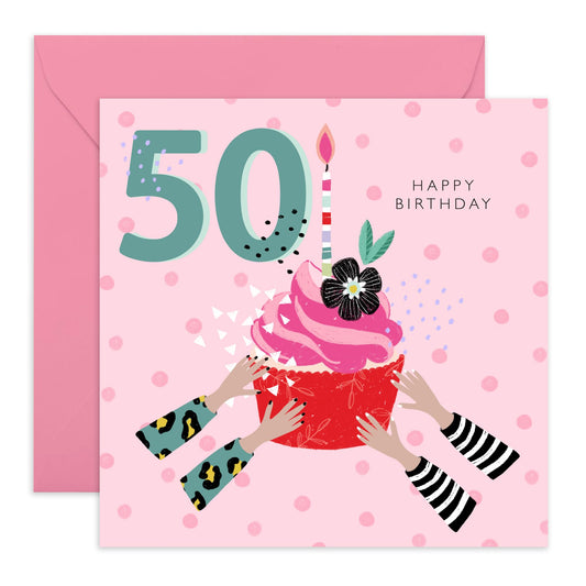 50th Birthday Card For Women - 50th Birthday Cupcake - Mummy Birthday Card - Wife Mum - Sister - Happy Fiftieth Birthday Greeting Card Female Friends - Comes With Fun Stickers By Central 23