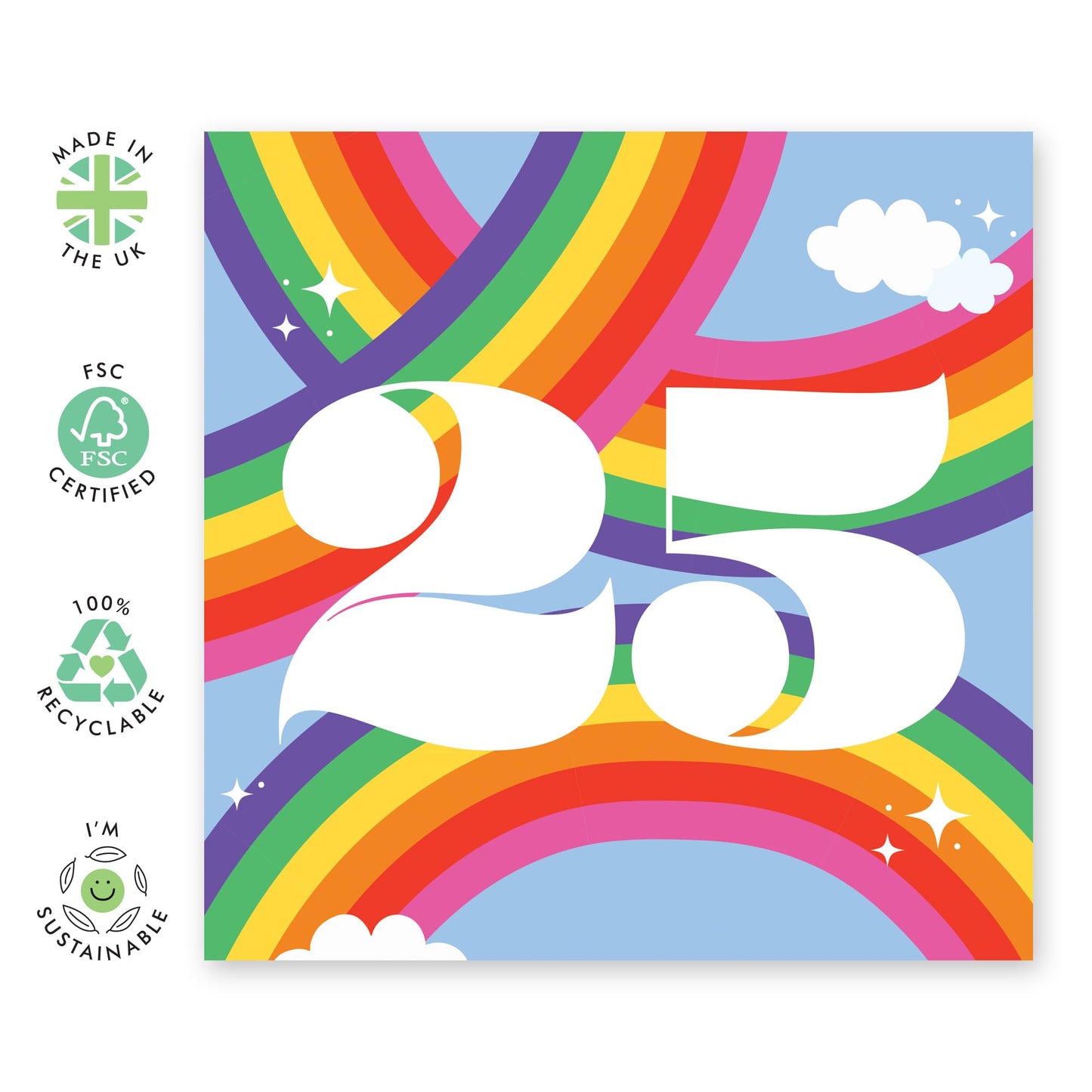 25th Birthday Card For Her Him - Rainbow Sky 25 - Rainbow Birthday Card - Women Men - Brother Sister - Happy Twenty-five Birthday Card - Daughter Son Friend - Comes With Fun Stickers - By Central 23