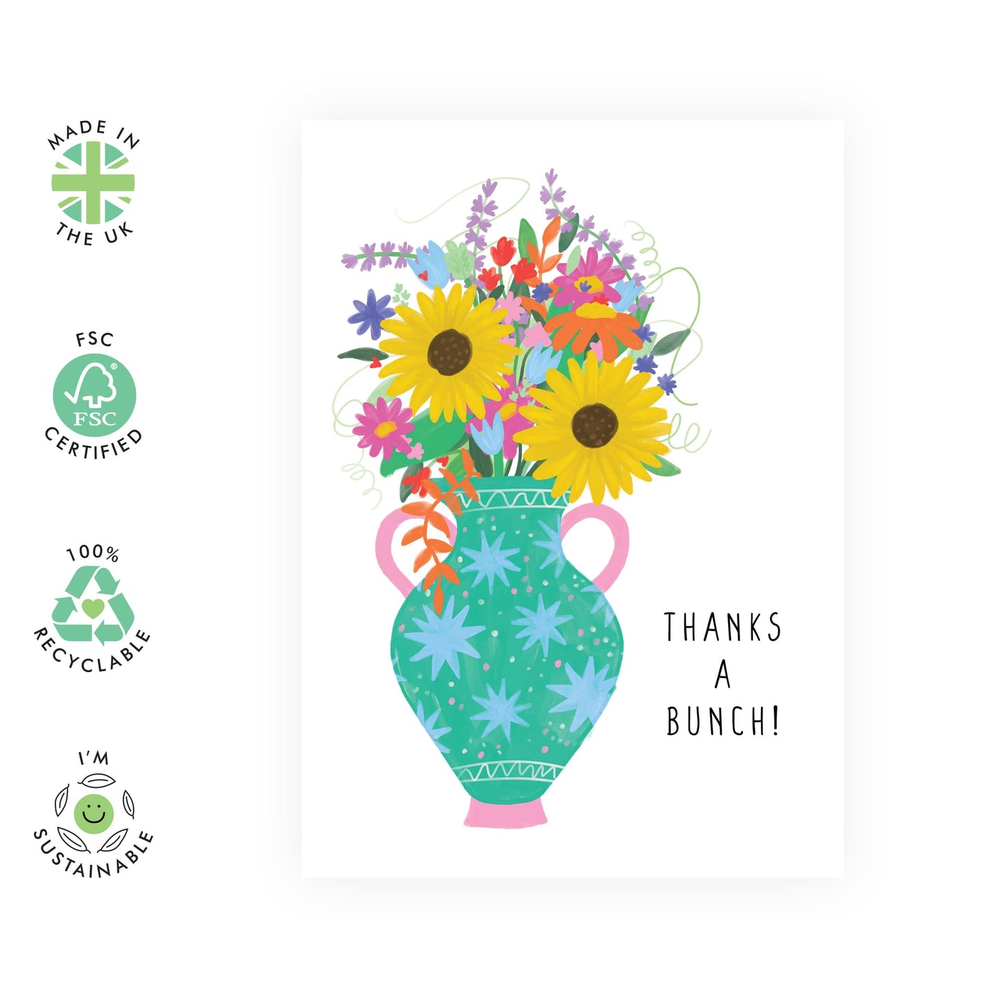 Thank You Greeting Card - 'Thanks A Bunch Flowers 3' - Gift for Besties, Best Friends, Colleagues, Coworkers, BFF, Cousin, Coworkers, Sis, Family - Appreciation - Comes with Fun Stickers