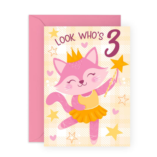 Three Years Old Girl Birthday Card - Ballet Cat 3 - Birthday Cards For Daughter - Happy 3rd Birthday Card Niece - Cousin Birthday Card Female - Toddlers - Comes With Stickers - By Central 23