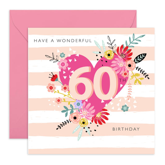 60th Birthday Cards For Women - Wonderful Bday Heart - Sixty Year Old Gifts For Wife Aunt Nan Grandma - Milestone Cards For Her - Mum Birthday Card Sixtieth - Comes With Fun Stickers By Central 23