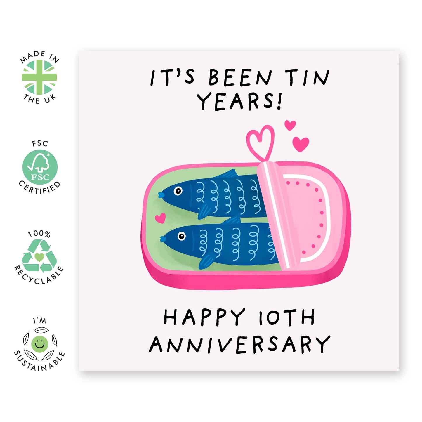 10th Cute Love Card for Him or Her - 'Sardines' - Gifts for Wife, Husband, Boyfriend, Girlfriend, Spouse, Babe, Hun, Other Half, Darling, Love - Tenth - Comes with Fun Stickers