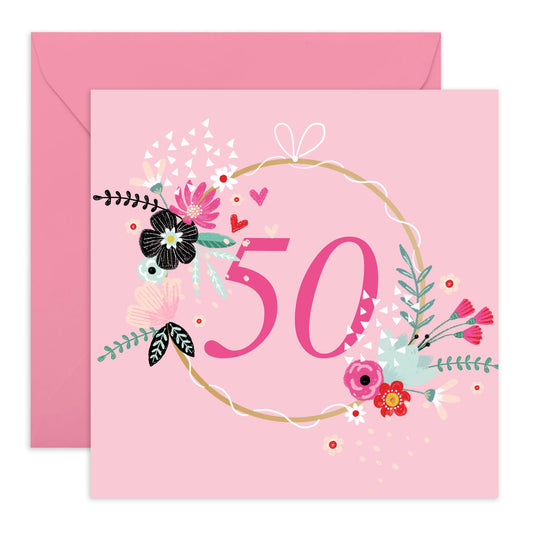 Floral Birthday Card For Women Age 50 - Elegant Pink Greeting Cards For Her Fiftieth Bday - Happy 50th Birthday Cards For Mum - Gifts For Friends Aunt Daughter - Comes With Stickers By Central 23