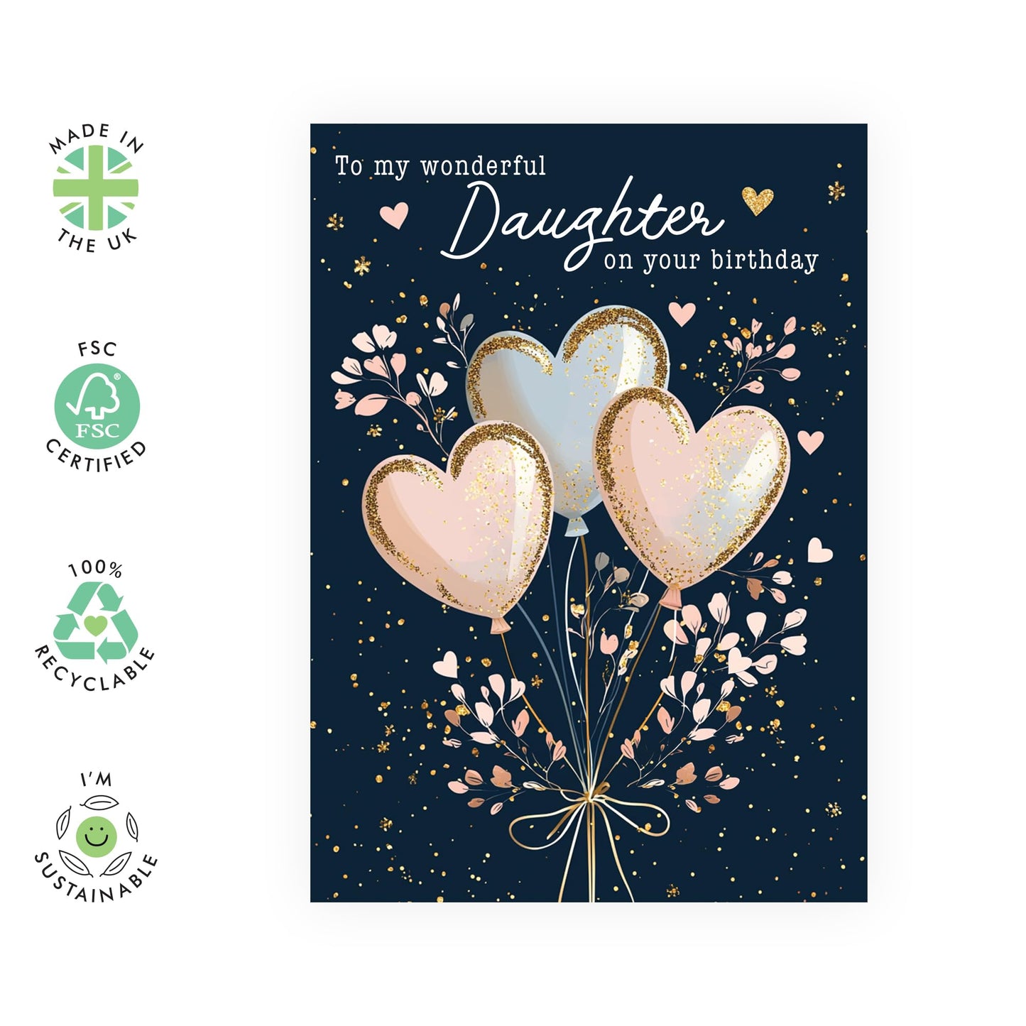 Flowers & Balloon Birthday Card - 'Wonderful Daughter'- Gifts for Her, In-law, Step Daughter, Children, Kids, Girls From Mum & Dad - Sweet Parents - Comes with Fun Stickers