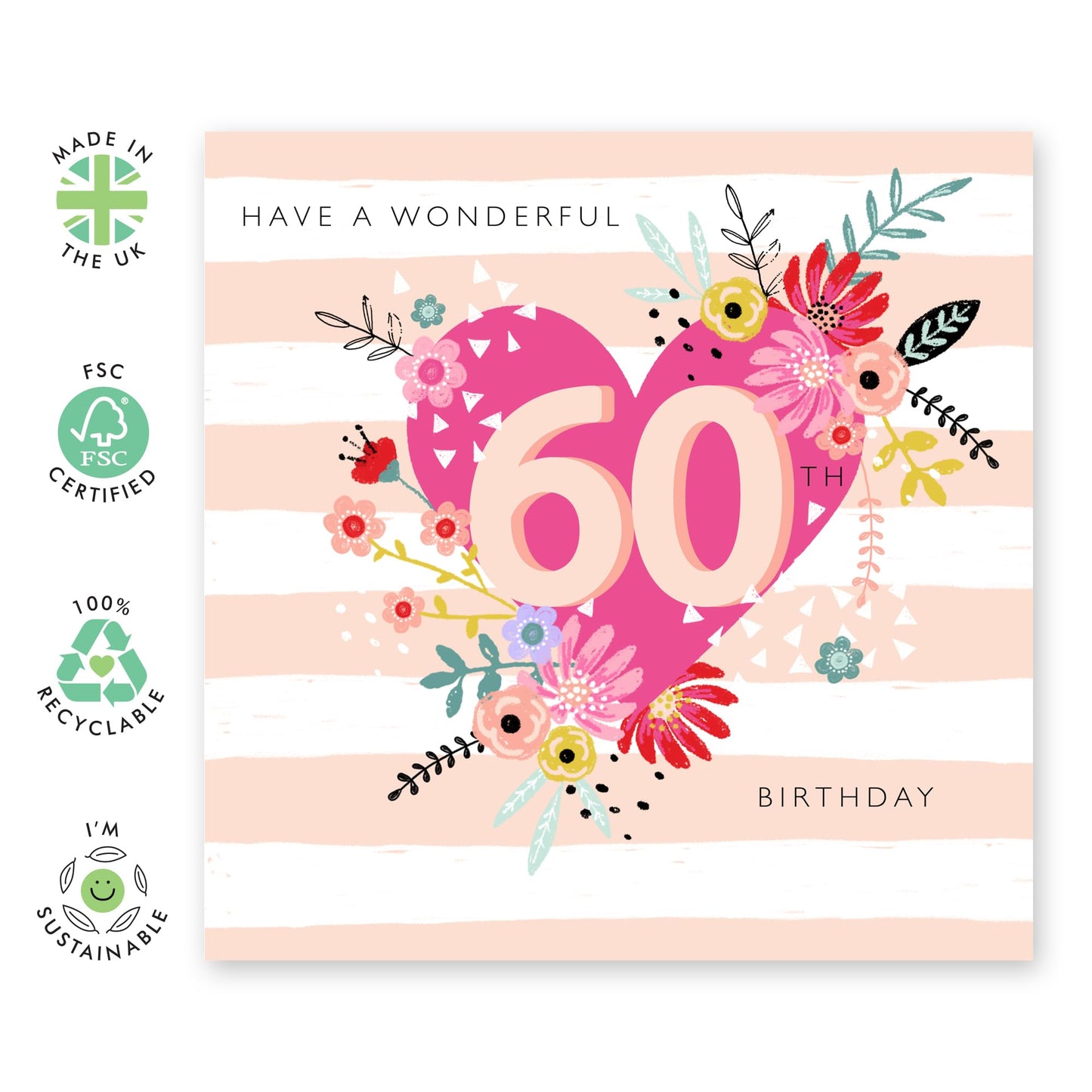 60th Birthday Cards For Women - Wonderful Bday Heart - Sixty Year Old Gifts For Wife Aunt Nan Grandma - Milestone Cards For Her - Mum Birthday Card Sixtieth - Comes With Fun Stickers By Central 23