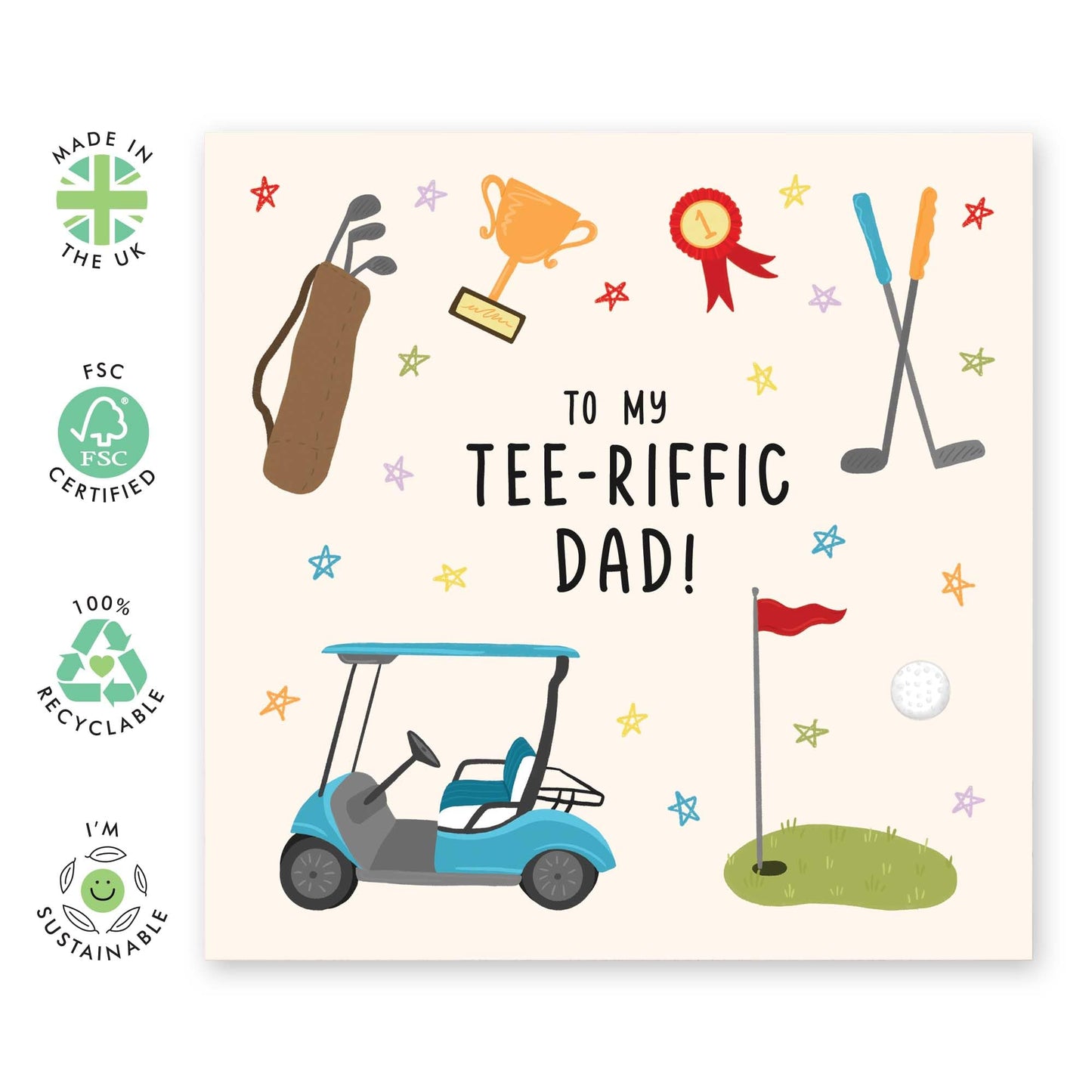 Dad Birthday Card - Tee-riffic Dad - Pun Humour - Funny Birthday Cards For Him - Father’s Day Card - Golf Gifts For Men - Greeting Cards For Daddy Father Papa - Comes With Stickers - By Central 23