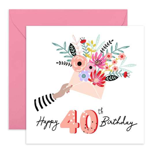 40th Birthday Card For Wife - Happy 40th Floral Envelope - Floral Birthday Card For Mum - Sister - Bday - Happy Fortieth Birthday Greeting Card Female Friends - Comes With Stickers By Central 23