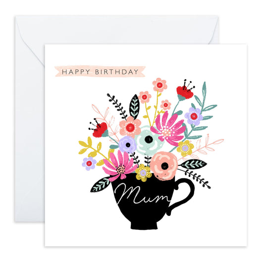 Birthday Card For Mummy - Birthday Mum Tea Cup Flowers - Greeting Card For Mum - Birthday Card For Mother From Son Daughter - Pretty Greeting Card For Mom - Comes With Fun Stickers - By Central 23