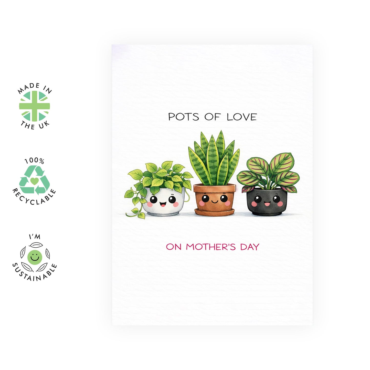 Cute Mother’s Day Card – "Pots Of Love" - Adorable Botanical Greeting for Mum Mummy Mama Ma Her Ladies Wife Sister Grandma Aunt Women - Gardening - Comes with Sweet Stickers