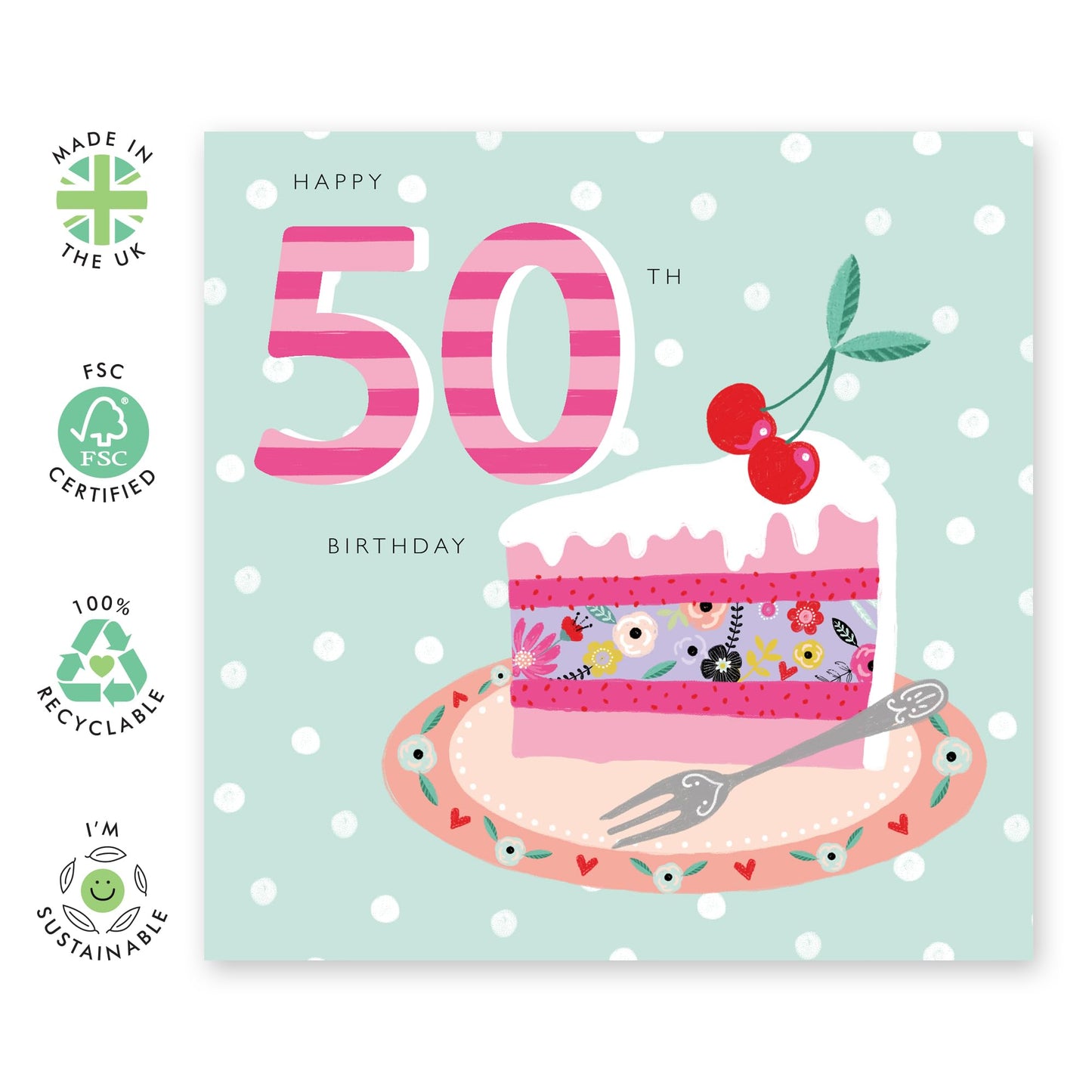 50th Birthday Card For Her - 50th Cherry Cake - Fiftieth Floral Birthday Card - Wife Mum - Gift For Women - Mummy Birthday Greeting Card Sister Female Friend - Comes With Fun Stickers By Central 23