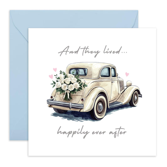 Wedding Anniversary Card - 'Happily Ever After' - Romantic Gifts for Boyfriend, Husband, Wife, Girlfriend, Partner, Other Half , Married Couples- Vintage Car - Comes with Fun Stickers
