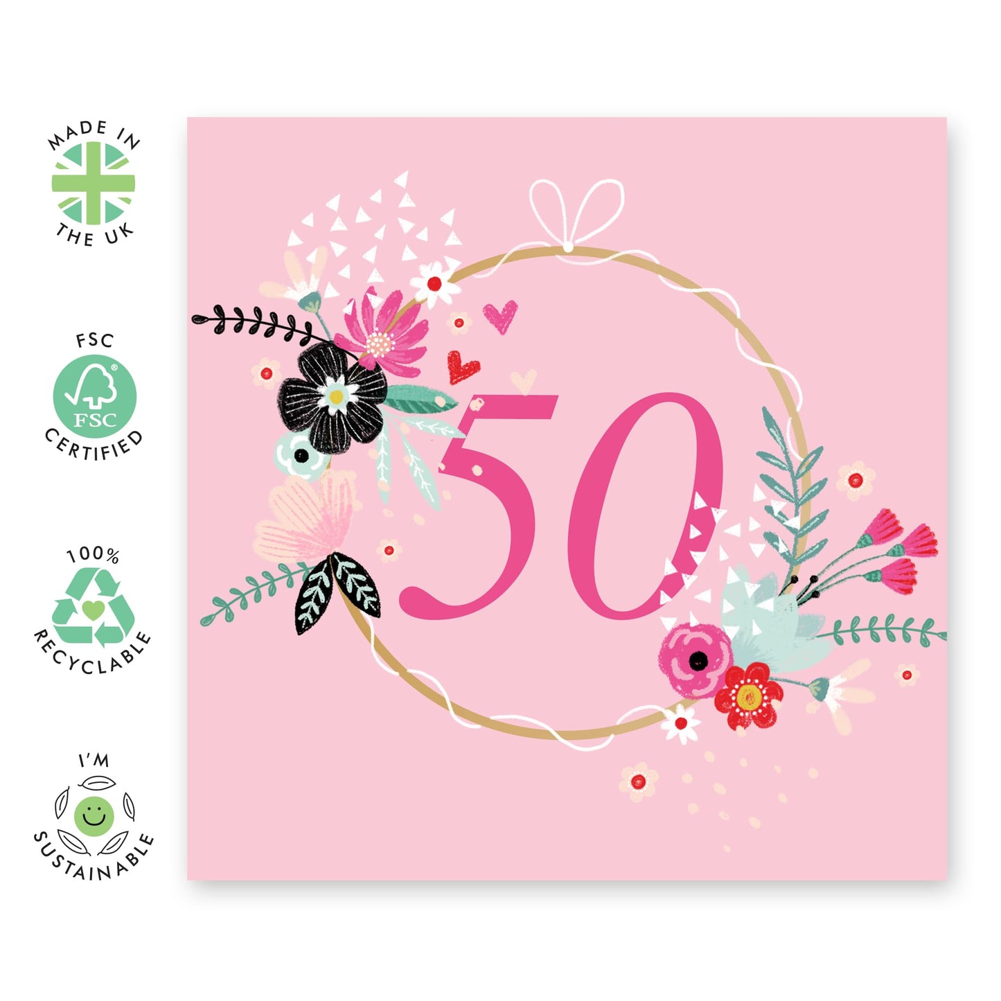 Floral Birthday Card For Women Age 50 - Elegant Pink Greeting Cards For Her Fiftieth Bday - Happy 50th Birthday Cards For Mum - Gifts For Friends Aunt Daughter - Comes With Stickers By Central 23