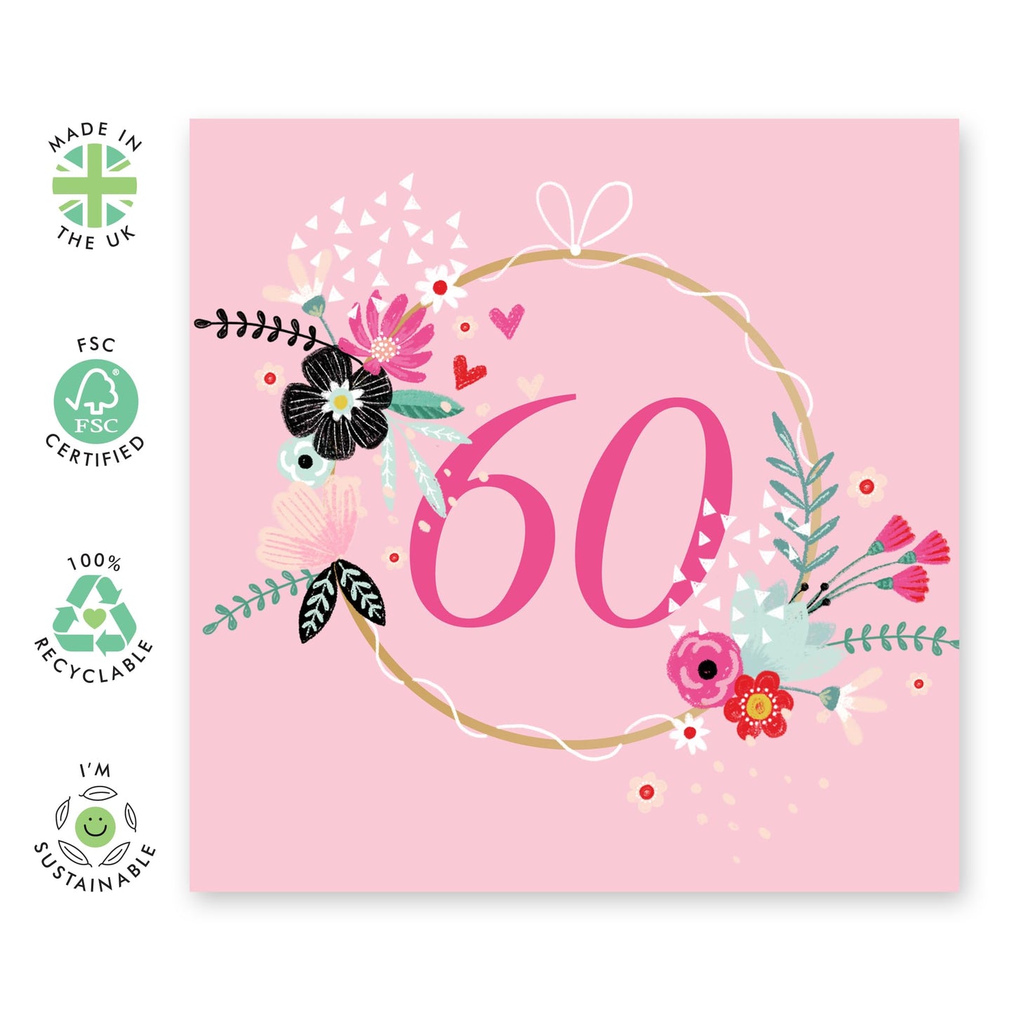 Floral Birthday Card For Women Age 60 - Elegant Pink Greeting Cards For Her Sixtieth Bday - Happy 60th Birthday Cards For Mum - Gifts For Friends Aunt Daughter - Comes With Stickers By Central 23