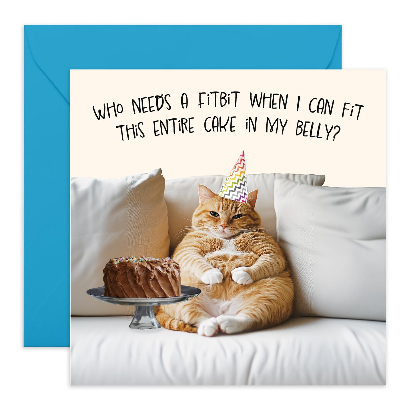 Funny Birthday Card - 'Fat Cat Fit This Cake' - Gifts for Friends, Him, Her, Women, Men, Dad, Brother, Boyfriend, Colleagues - Eating the whole cake - Comes with Fun Stickers