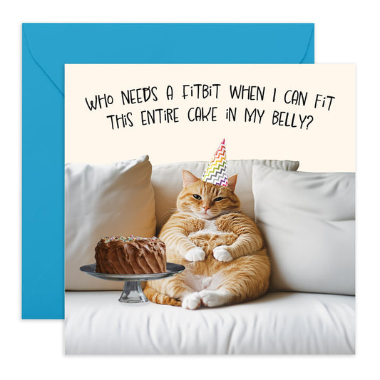Funny Birthday Card - 'Fat Cat Fit This Cake' - Gifts for Friends, Him, Her, Women, Men, Dad, Brother, Boyfriend, Colleagues - Eating the whole cake - Comes with Fun Stickers