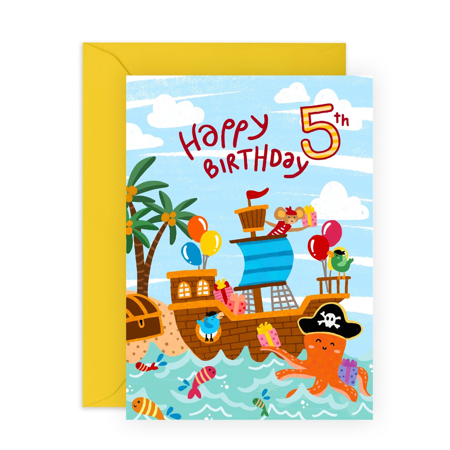 Happy 5th Birthday Card Boy - Age Five - Happy Fifth Birthday Card For Kids - 5 Year Old - Pirates Ship Treasure - Gifts For Son Grandson Brother - Comes With Stickers - By Central 23