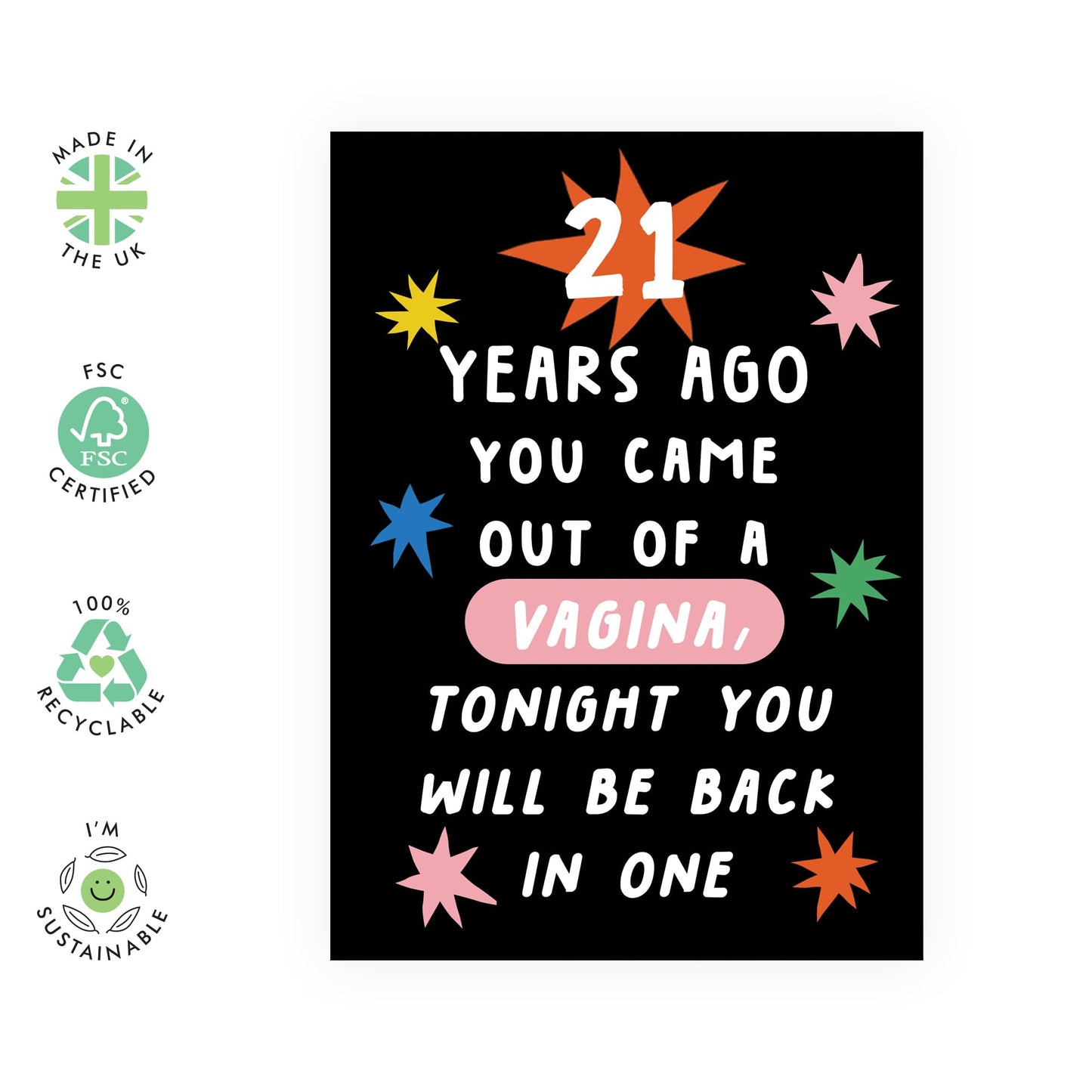 21th Birthday Card - 21 Years Ago Out Of A Vagina Stars - Birthday Cards Son Daughter - Kids Birthday Greeting Cards - Brother Sister Birthday Cards - Niece Nephew - Comes With Stickers - By Central 2