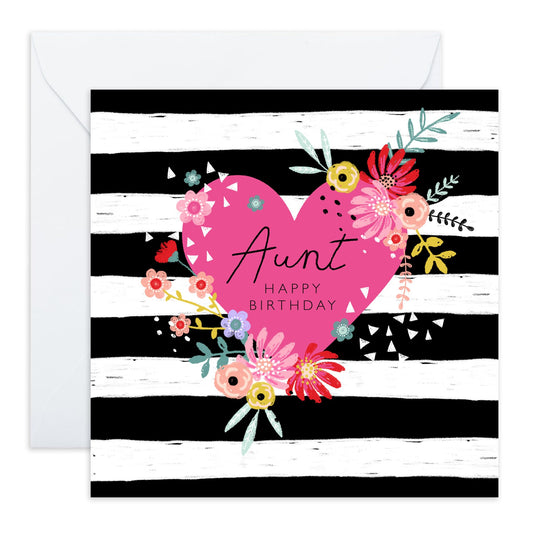 Birthday Card For Aunt - Aunt Heart Floral Stripes - Gift From Niece Nephew - Happy Birthday Aunty Greeting Card - Greeting Cards - Heartfelt Gifts Women Tia - Comes With Fun Stickers - By Central 23