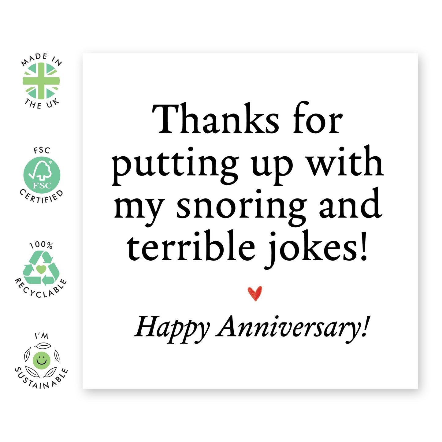 Greeting Card - 'SNORING AND BAD JOKES' - Perfect for Celebrating the Quirks & Humor in Your Relationship - Ideal for Adding a Touch of Fun to Your Special Someone - Comes With Stickers By Central 23