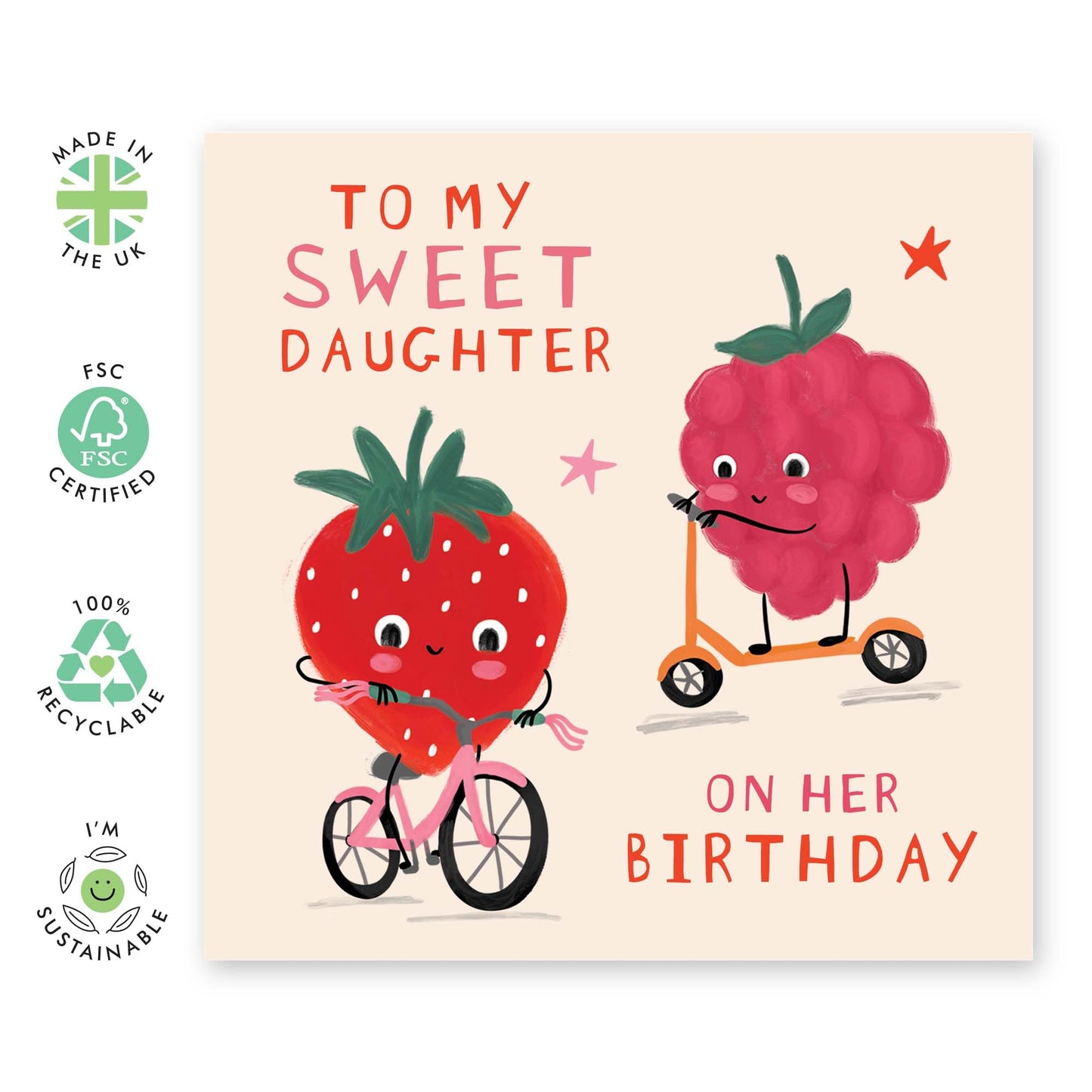 Strawberry Birthday Card - 'Sweet Daughter' -Gifts for Girls, Children, Kids, Family from Mum & Dad- Berry Bicycle Rides - Comes with Fun Stickers