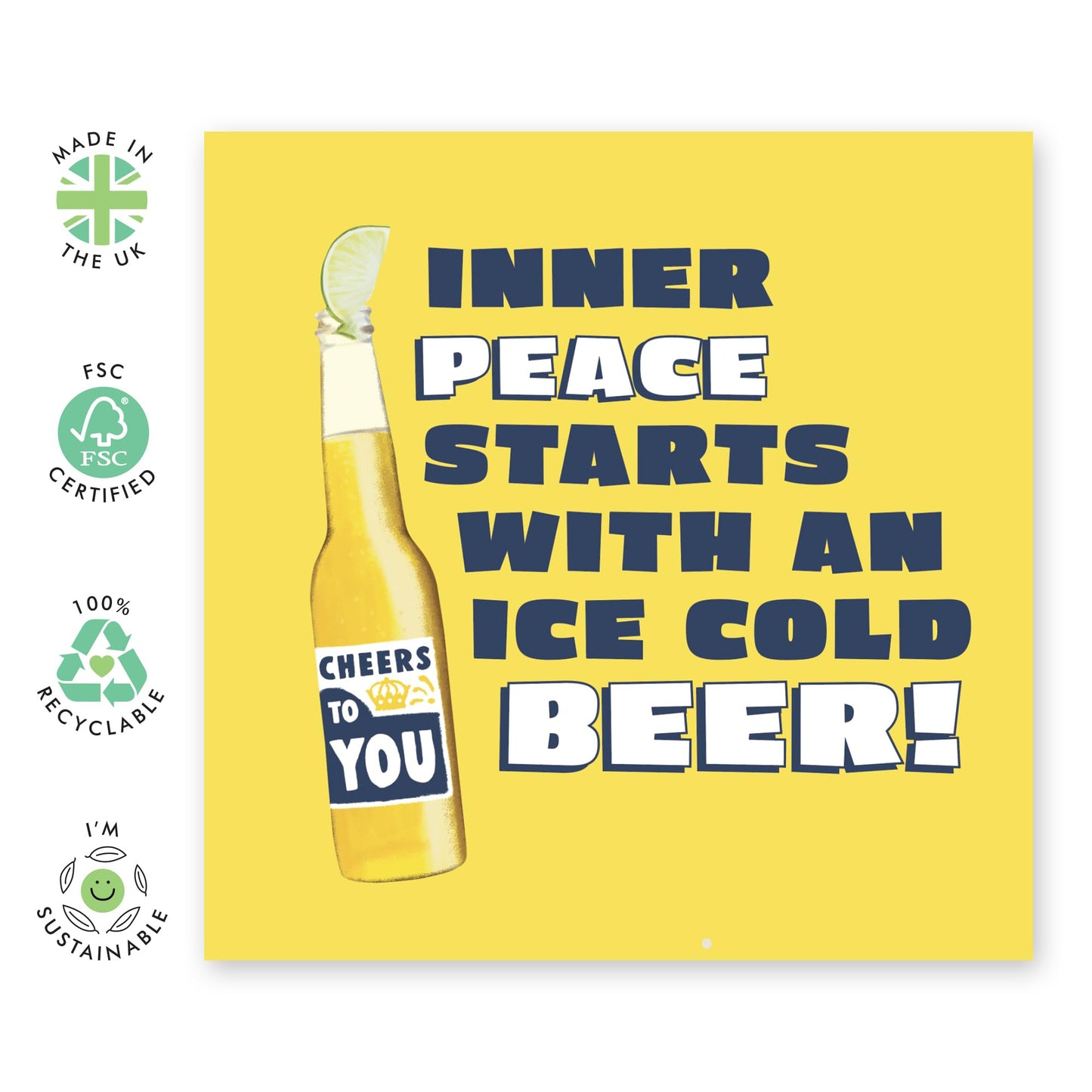 Drinking Joke Greeting Card - 'Inner Peace Beer' - Gift for Friends, BFFs, Dad, Buddies, Mates, Colleagues, Coworker, Bruv, Bro - Ice Cold - Comes with Fun Stickers