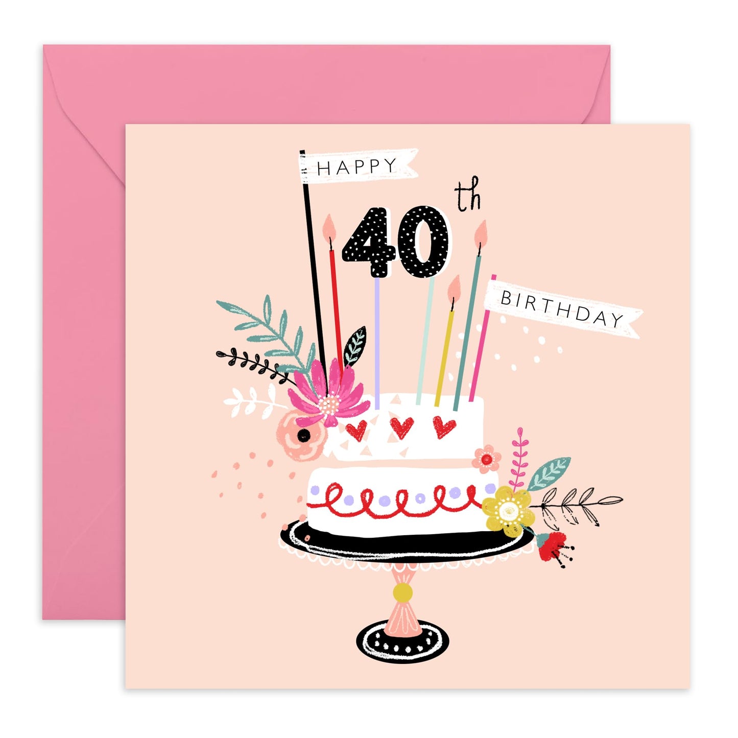 40th Birthday Card For Wife - Happy 40th Tiered Birthday Cake - Floral Birthday Card For Mum - Sister - Aunt - Happy Fortieth Birthday Greeting Card Female Friend - Comes With Stickers By Central 23