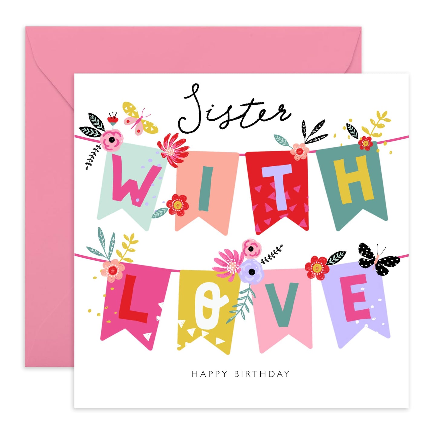 Sister Birthday Cards - With Love - Elegant Greeting Cards And Envelopes - Pretty Flower Butterflies Gifts Presents For Her - Love Cards For Women Female - Comes With Fun Stickers By Central 23