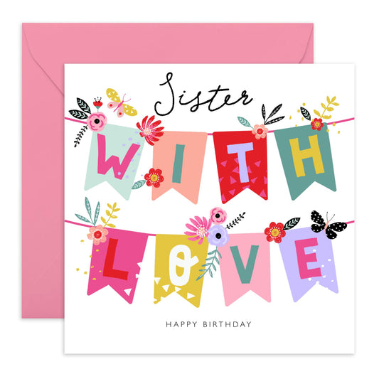 Sister Birthday Cards - With Love - Elegant Greeting Cards And Envelopes - Pretty Flower Butterflies Gifts Presents For Her - Love Cards For Women Female - Comes With Fun Stickers By Central 23